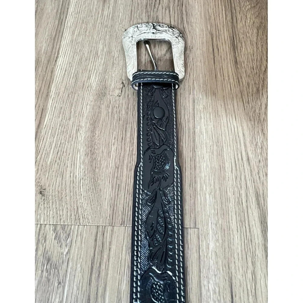 Cerrito Black Leather Belt 42 Embossed Floral Tooled Silver Tone Buckle Longhorn